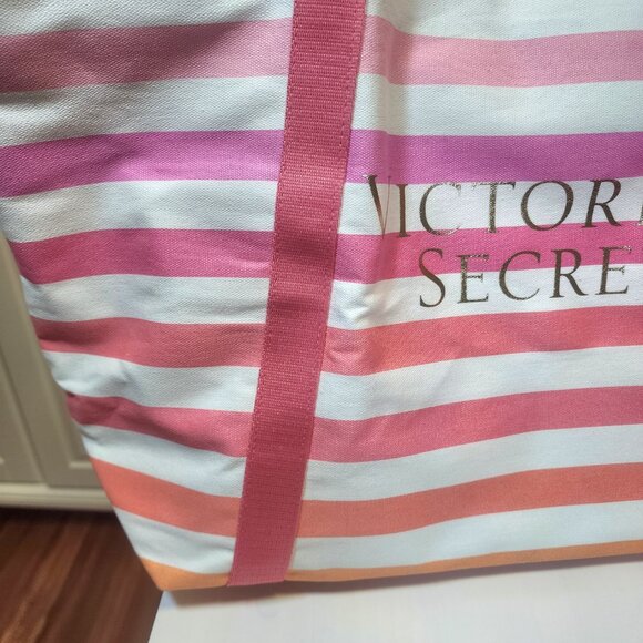 Victoria Secret Large Pink Orange Canvas Striped Beach Tote Bag - Picture 8 of 14